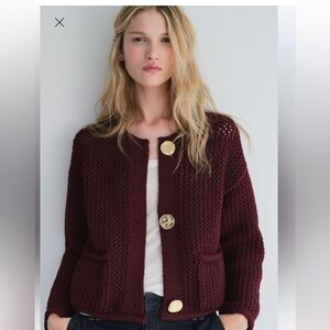 Zara Women's Chunky Knit Button Cardigan Sweater - Burgundy
